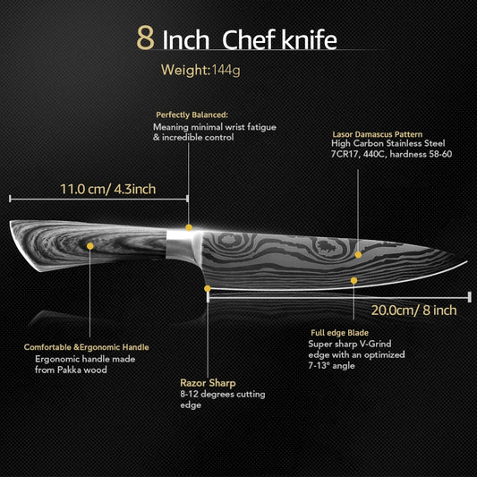"5'' 7'' 8'' Chef Knives – Imitation Damascus Kitchen Set"