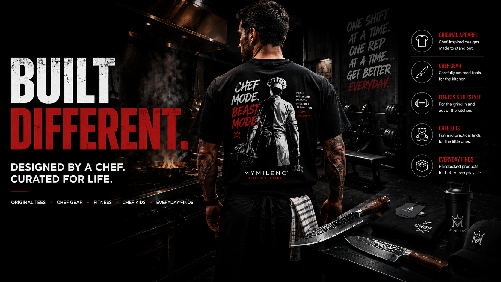 A man stands with his back to the camera in a dark kitchen setting, wearing a black graphic T-shirt with a chef illustration and the text 'CHEF MODE. BEAST MODE.